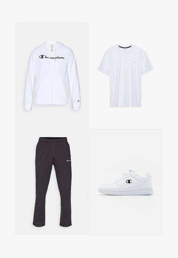 White zip-up hoodie made of soft fabric, featuring a black "Champion" logo on the chest, kangaroo pockets, and ribbed cuffs.; White crewneck t-shirt made of cotton, featuring short sleeves and a small logo embroidered on the left chest area. Soft texture.; Black sweatpants with an elastic waistband, featuring a small white logo on the left thigh and a straight leg design. Soft cotton blend material.; White athletic sneakers with a smooth synthetic upper, black logo accent, and perforated detailing on the side. Rubber sole.