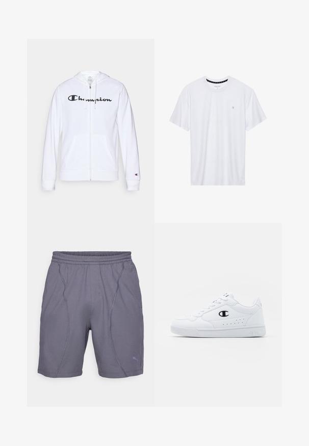 White zip-up hoodie made of soft fabric, featuring a black "Champion" logo on the chest, kangaroo pockets, and ribbed cuffs.; White crewneck t-shirt made of cotton, featuring short sleeves and a small logo embroidered on the left chest area. Soft texture.; Gray athletic shorts with an elastic waistband, featuring seams and a small logo on the lower left side. Made of lightweight fabric.; White athletic sneakers with a smooth synthetic upper, black logo accent, and perforated detailing on the side. Rubber sole.