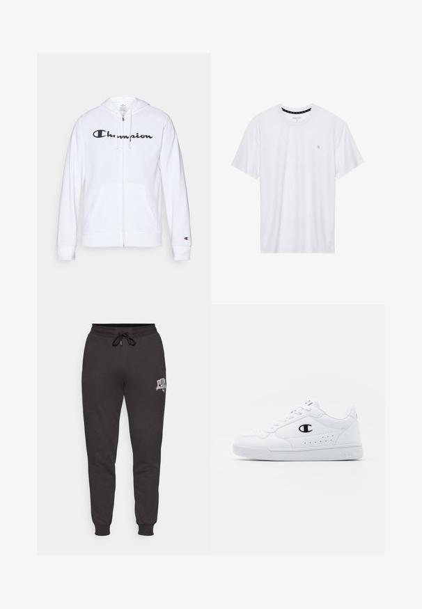 Sudadera blanca con cremallera hecha de tela suave, que presenta un logo negro de "Champion" en el pecho, bolsillos tipo canguro y puños acanalados.; Camiseta de algodón de cuello redondo en color blanco, con mangas cortas y un pequeño logo bordado en el área del pecho izquierdo. Textura suave.; Pantalones de chándal negros hechos de material suave, con cintura ajustable de cordón, puños acanalados y un detalle de logo blanco en la pierna izquierda.; Zapatillas deportivas blancas con un upper sintético suave, acento del logo en negro y detalles perforados en los laterales. Suela de goma.