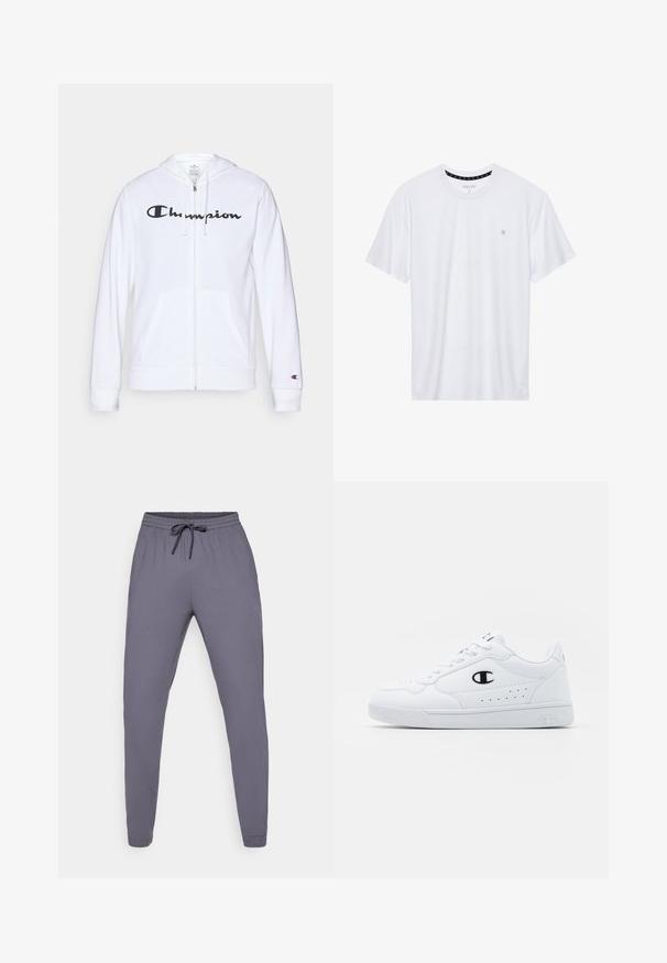 Witte zip-up hoodie van zachte stof, met een zwart "Champion" logo op de borst, kangoeroe zakken en geribbelde manchetten.; Witte crewneck t-shirt van katoen, met korte mouwen en een klein logo geborduurd op de linkerborst. Zachte textuur.; Grijze sportbroek met een elastische tailleband en trekkoord. Gladde textuur, taps toelopend ontwerp, met een klein logo aan de zijkant.; Witte sportschoenen met een glad bovenwerk van synthetisch materiaal, zwarte logoaccenten en geperforeerde details aan de zijkant. Rubberen zool.