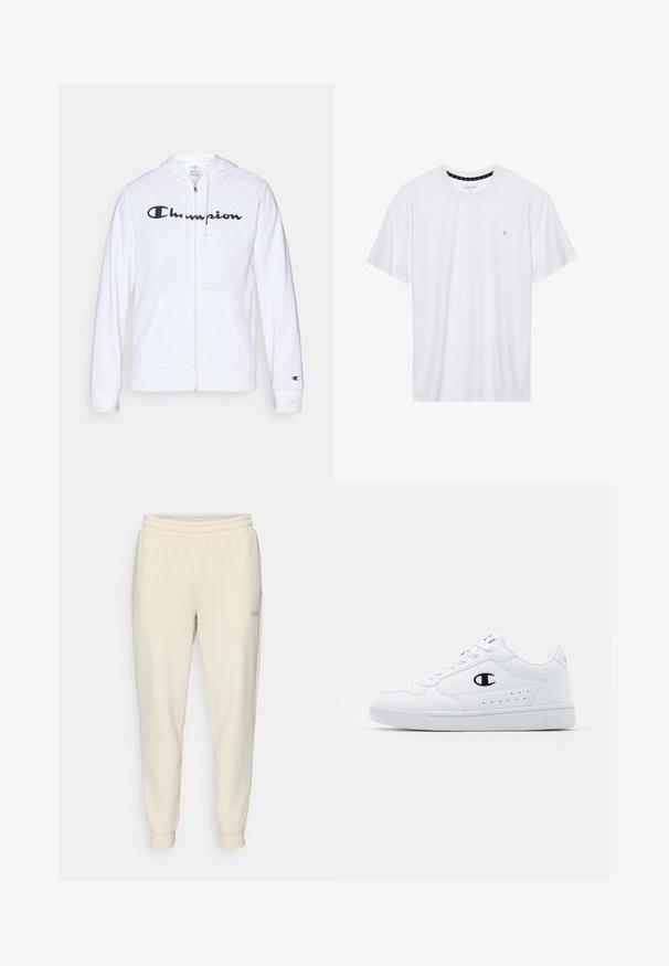 Biała bluza z kapturem na zamek, wykonana z miękkiego materiału, z czarnym logo "Champion" na piersi, kieszeniami kangurzymi i ściagaczami na rękawach.; Biała koszulka z okrągłym dekoltem, wykonana z bawełny, z krótkimi rękawami i małym haftowanym logo po lewej stronie na klatce piersiowej. Miękka w dotyku.; Jasno beżowe dresowe spodnie z paskiem ściągającym, z elastycznym pasem w talii, zakończeniami w postaci mankietów, bocznymi kieszeniami oraz małym logo na lewym udzie.; Białe sportowe sneakersy z gładką syntetyczną cholewką, czarnym akcentem logo i perforowanymi detalami po boku. Gumowa podeszwa.