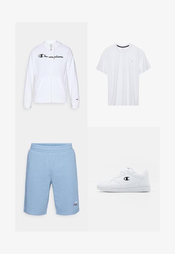 Hvit zip-up hettegenser laget av myk stoff, med en svart "Champion" logo på brystet, kengurulommer og ribbede mansjetter.; Hvit crewneck t-skjorte laget av bomull, med korte ermer og en liten logo brodert på venstre brystområde. Myk tekstur.; Lyseblå Puma-shorts med elastisk midje og logo på venstre bein, sett fra front på hvit bakgrunn.; Hvite atletiske joggesko med en glatt syntetisk overdel, svart logo-akcent og perforerte detaljer på siden. Gummisåle.