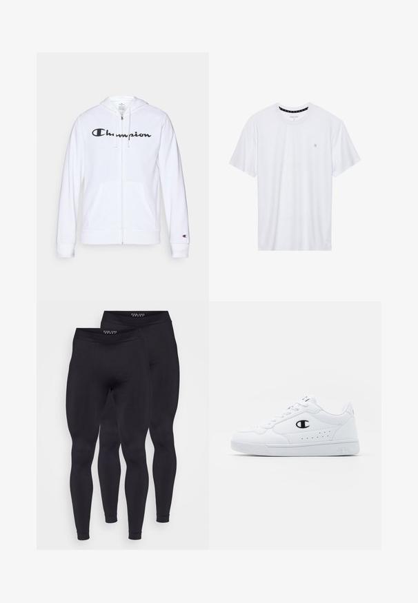 Fehér zipzáros kapucnis felső, puha anyagból készült, fekete "Champion" logóval a mellkasán, kenguruzsebekkel és bordás mandzsettákkal.; Fehér, pamutból készült folt nélküli póló, rövid ujjakkal és a bal melle részén elhelyezett, hímzett kis logóval. Puha tapintású.; Fekete leggings sima, rugalmas anyagból. Magas derékbőséggel és testhezálló kialakítással rendelkezik. Két pár együtt bemutatva.; Fehér sportcipők sima, szintetikus felsőrésszel, fekete logóval és perforált részletekkel az oldalon. Gumi talp.