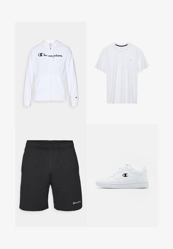 Valkoinen vetoketjullinen huppari, joka on valmistettu pehmeästä kankaasta. Hupparissa on musta "Champion"-logo rinnassa, kengurupocketsit ja ribbauskkeet.; Valkoinen pyöreäkauluksinen t-paita, joka on valmistettu puuvillasta. Siinä on lyhyet hihat ja pieni logo brodeerattuna vasempaan rintakehään. Pehmeä pinta.; Mustat urheilushortsit, joissa on joustava vyötärönauha, pehmeästä kankaasta valmistettu, vasemmassa alareunassa pieni valkoinen logo.; Valkoiset urheilunikenrät, joissa on sileä synteettinen päällinen, musta logo-aksentti ja rei'itetty yksityiskohta sivuilla. Kumipohja.