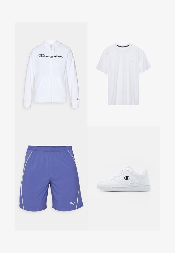 Balts zip-up džemperis, izgatavots no mīkstas auduma, ar melnu "Champion" logotipu uz krūtīm, kengura kabatām un ribotām piedurknēm.; Balts krekliņš ar apaļu kakla izgriezumu, izgatavots no kokvilnas, ar īsām piedurknēm un mazu logo izšuvumu kreisajā krūtīs. Mīksta tekstūra.; Violet sporta šorti ar dzeltenu sānu apdari, elastīgu jostasvietu un mazu balto logo apakšējā labajā stūrī. Gluda auduma tekstūra.; Baltas sporta apavi ar gludu sintētisku augšdaļu, melnu logotipa akcentu un perforētu apdari sānos. Gumijas zole.