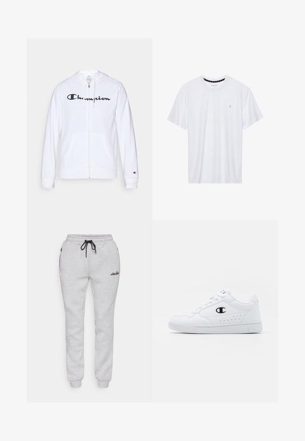 Biela zipsová mikina vyrobená z mäkkej tkaniny, s čiernym logom "Champion" na hrudi, klokankovými vreckami a rebrovanými manžetami.; Biele tričko s okrúhlym výstrihom vyrobené z bavlny, s krátkymi rukávmi a malým logom vyšitým na ľavej strane hrude. Mäkká textúra.; Šedé tepláky vyrobené z bavlneného zmesi, s elastickým pásom na šnúrku, bočnými vreckami a vyšitým logom na stehne.; Biele športové tenisky s hladkým syntetickým zvrškom, čiernym logom a perforovanými detailmi na boku. Gumová podošva.