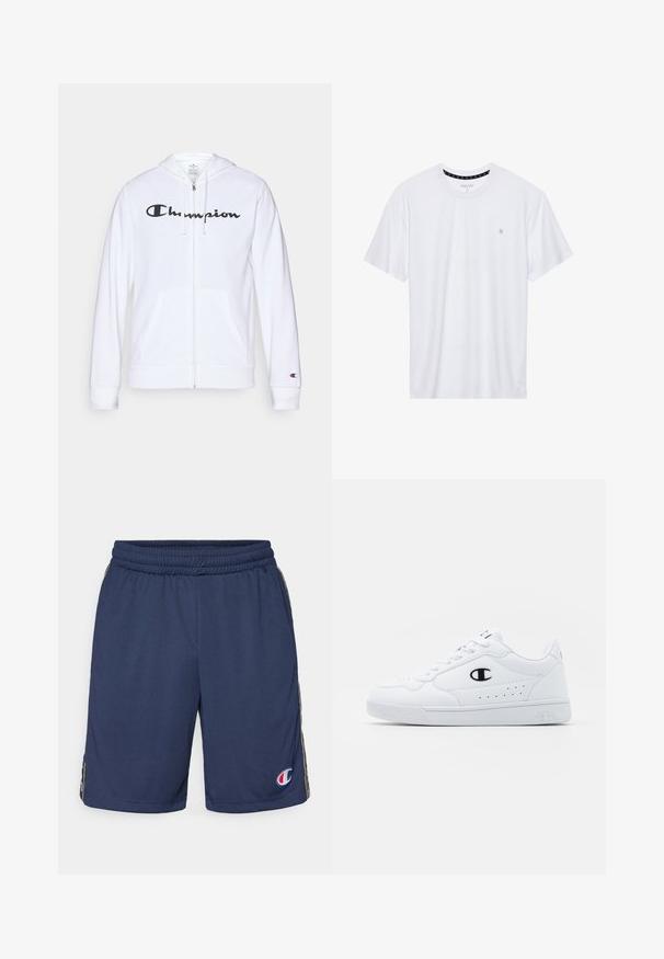 Balta užtrauktuku užsegama džemperis, pagamintas iš minkštos medžiagos, su juodu "Champion" logotipu krūtinėje, kengūrų tipo kišenėmis ir ribotu rankogaliais.; Balta apvalios kaklo marškinėliai, pagaminti iš medvilnės, su trumpomis rankovėmis ir mažuoju logotipu, išsiuvinėtu kairėje krūtinės pusėje. Minkštas audinys.; Tamsiai mėlyni sportiniai šortai su elastine juosta, su šoninėmis juostelėmis ir mažuoju logotipu kairiajame krašte. Pagaminti iš kvėpuojančios medžiagos.; Baltos sportinės kedai su lygiu sintetinės medžiagos viršumi, juodu logotipo akcentu ir perforuotomis detalėmis šonuose. Gumos padas.