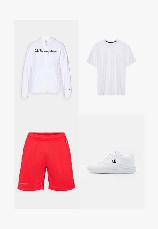 Balts zip-up džemperis, izgatavots no mīkstas auduma, ar melnu "Champion" logotipu uz krūtīm, kengura kabatām un ribotām piedurknēm.; Balts krekliņš ar apaļu kakla izgriezumu, izgatavots no kokvilnas, ar īsām piedurknēm un mazu logo izšuvumu kreisajā krūtīs. Mīksta tekstūra.; Sarkanas sporta šortus, kas izgatavoti no elpojoša sieta auduma. Iekļauj elastīgu jostasvietu un mazu baltu "Champion" logo kreisajā kājā.; Baltas sporta apavi ar gludu sintētisku augšdaļu, melnu logotipa akcentu un perforētu apdari sānos. Gumijas zole.