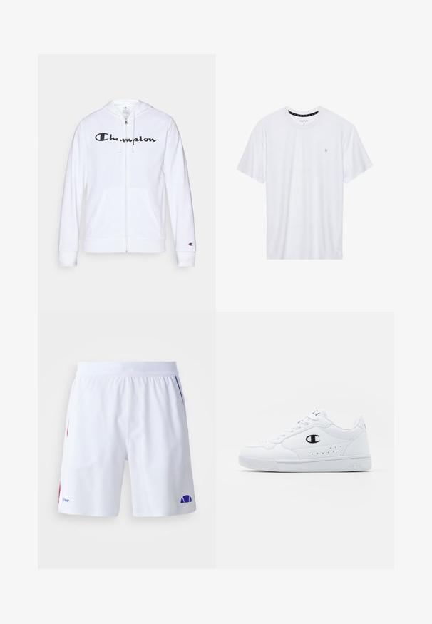 White zip-up hoodie made of soft fabric, featuring a black "Champion" logo on the chest, kangaroo pockets, and ribbed cuffs.; White crewneck t-shirt made of cotton, featuring short sleeves and a small logo embroidered on the left chest area. Soft texture.; White athletic shorts with a smooth texture, featuring red and blue accents. Elastic waistband for fit, with logo detail in blue.; White athletic sneakers with a smooth synthetic upper, black logo accent, and perforated detailing on the side. Rubber sole.