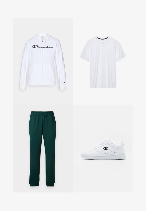 Bela zip-up kapuca iz mehkega materiala, s črnim logotipom "Champion" na prsih, kengurujskimi žepi in rebrastimi manšetami.; Belo majica s kratkimi rokavi iz bombaža, z okroglim izrezom, ki na levem delu prsnega koša nosi majhen izvezen logotip. Mehka tekstura.; Temno zelene trenirke z elastičnim pasom, stranskimi žepi in manšetami na gležnjih. Narejene so iz gladkega, raztegljivega materiala.; Bela atletska športna obutev z gladkim sintetičnim zgornjim delom, črnimi logotipnimi detajli in perforacijami na strani. Guma podplat.