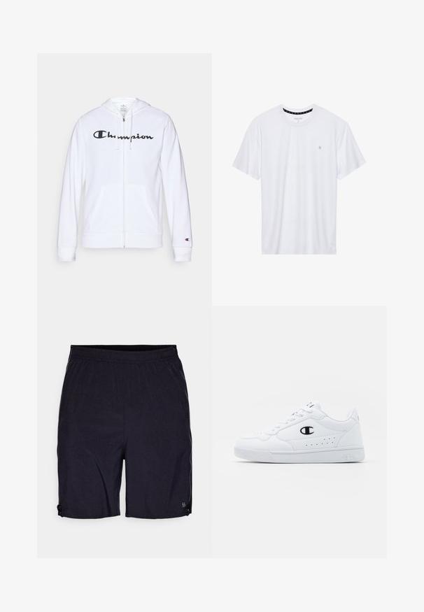 Valge tõmbluku eest avanev kapuutsiga pusa, mis on valmistatud pehmest kangast. Ees on must "Champion" logo, taskud on nagu känguru taskud ja varrukaotsad on soonilised.; Valge ümar kaelusega T-särk, mis on valmistatud puuvillast, lühikeste varrukatega ja vasakus rinnas on väike tikand. Pehme tekstuur.; Mustad mustreeritud treeningshortsid elastse kangaga, millel on elastne vöökoht, külgedel tõmblukuga taskud ja väike logo alumisel äärel.; Valged spordijalatsid, millel on sile sünteetiline pealmine osa, must logo aktsent ja perforatsioonid külgedel. Kummikreen.