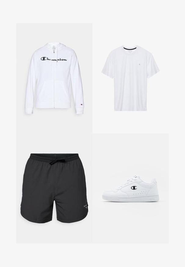 Hvit zip-up hettegenser laget av myk stoff, med en svart "Champion" logo på brystet, kengurulommer og ribbede mansjetter.; Hvit crewneck t-skjorte laget av bomull, med korte ermer og en liten logo brodert på venstre brystområde. Myk tekstur.; Sorte svømmebukser med elastisk talje og snor. Letvægtsstof med sidelommer. Har et lille logo på kanten.; Hvite atletiske joggesko med en glatt syntetisk overdel, svart logo-akcent og perforerte detaljer på siden. Gummisåle.