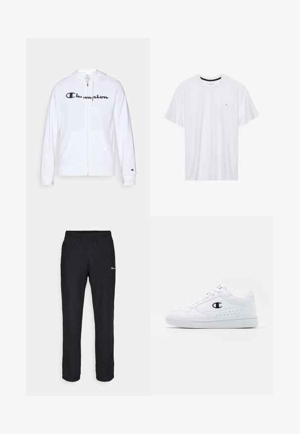 Sweatshirt branca com fecho, feita de tecido macio, apresentando um logótipo preto da "Champion" no peito, bolsos canguru e punhos canelados.; Camiseta branca de gola redonda feita de algodão, com mangas curtas e um pequeno logótipo bordado na área do peito esquerdo. Textura suave.; Champion ICONS STRAIGHT PANTS QUICK DRY - Calças de fato de treino - black; Sapatilhas brancas de desporto com um cabedal sintético liso, detalhes em preto no logótipo e perfurações na lateral. Sola em borracha.