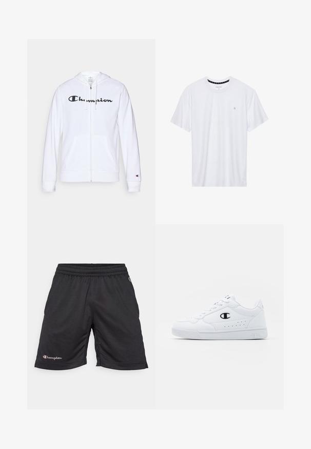 Bílá mikina na zip vyrobená z měkké tkaniny, s černým logem "Champion" na hrudi, kapsami ve tvaru klokaní kapsy a žebrovanými manžetami.; Bílý crewneck tričko vyrobené z bavlny, s krátkými rukávy a malým logem vyšitým na levé straně hrudi. Měkká textura.; Champion TRAIN SHORTS LARGE LOGO - Sportovní kraťasy - black; Bílé sportovní tenisky s hladkým syntetickým svrškem, černým logem a perforovanými detaily po stranách. Gumová podrážka.