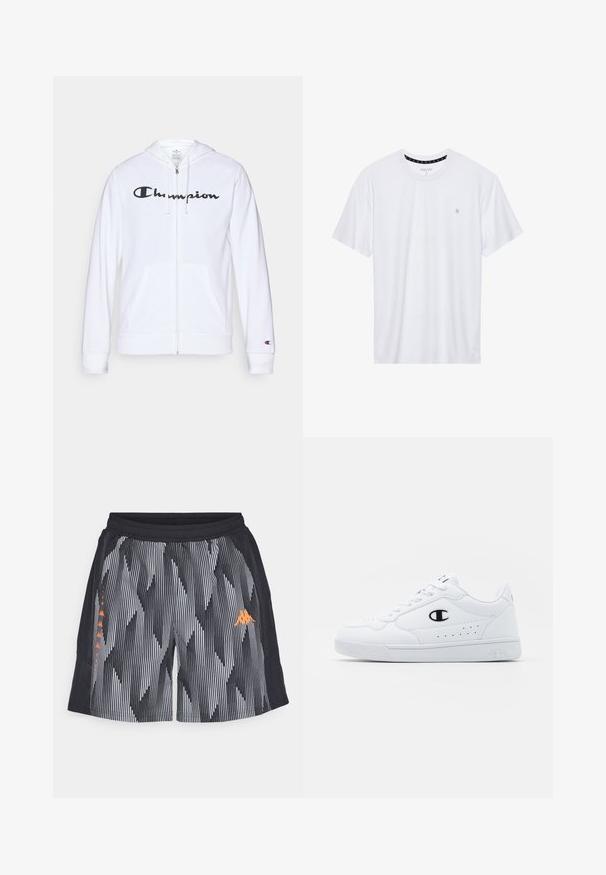 Sudadera blanca con cremallera hecha de tela suave, que presenta un logo negro de "Champion" en el pecho, bolsillos tipo canguro y puños acanalados.; Camiseta de algodón de cuello redondo en color blanco, con mangas cortas y un pequeño logo bordado en el área del pecho izquierdo. Textura suave.; Pantalones cortos a rayas blancas y negras con un patrón de diamantes, que cuentan con una cinturilla elástica y un logo naranja en el lateral.; Zapatillas deportivas blancas con un upper sintético suave, acento del logo en negro y detalles perforados en los laterales. Suela de goma.
