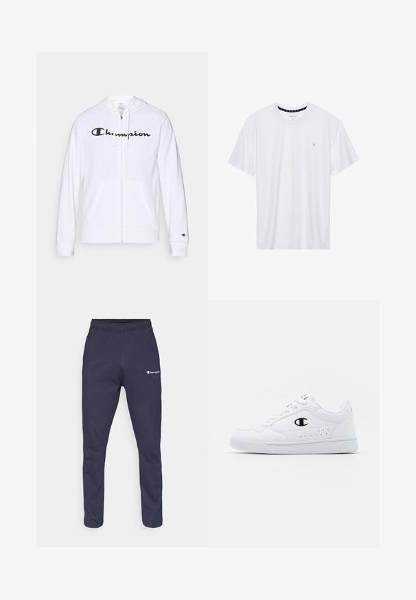 Hanorac alb cu fermoar, fabricat dintr-un material moale, având un logo negru "Champion" pe piept, buzunare tip kangaroo și manșete ribbate.; Tricou alb cu guler rotund, realizat din bumbac, cu mâneci scurte și un mic logo brodat în zona stângă a pieptului. Textură moale.; Pantaloni de trening navy cu talie elastică, picioare conice și un mic logo alb "Champion" în colțul din stânga sus. Textură a materialului moale.; Adidași albi pentru sport, cu o parte superioară din material sintetic neted, accent cu logo negru și detalii perforate pe lateral. Talpă din cauciuc.