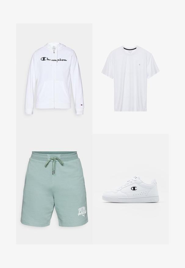 Bijela zip-up dukserica izrađena od mekog materijala, s crnim "Champion" logotipom na prsima, kengur džepovima i rebrastim manžetama.; Bijela majica s okruglim izrezom, izrađena od pamuka, s kratkim rukavima i malim logotipom izvezenim na lijevoj strani prsnog područja. Meka tekstura.; Svijetlozeleni pamučni šorts s elastičnom trakom u struku i vezicom. Ima bijeli logo "PUMA sports club" na donjoj lijevoj strani. Glatka tekstura.; Bijele atletske tenisice s glatkim sintetičkim gornjištem, crnim logotipom i perforiranim detaljima sa strane. Guma potplat.