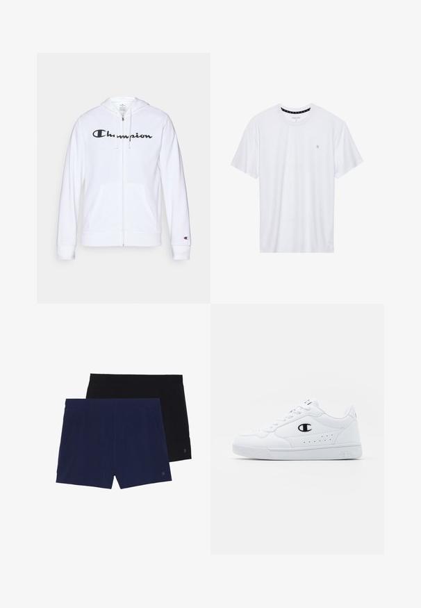 Hvit zip-up hettegenser laget av myk stoff, med en svart "Champion" logo på brystet, kengurulommer og ribbede mansjetter.; Hvit crewneck t-skjorte laget av bomull, med korte ermer og en liten logo brodert på venstre brystområde. Myk tekstur.; To par med shorts: en marineblå og en sort. Laget av mykt stoff med elastisk midje og sidelommer. Enkle, ensfargede.; Hvite atletiske joggesko med en glatt syntetisk overdel, svart logo-akcent og perforerte detaljer på siden. Gummisåle.