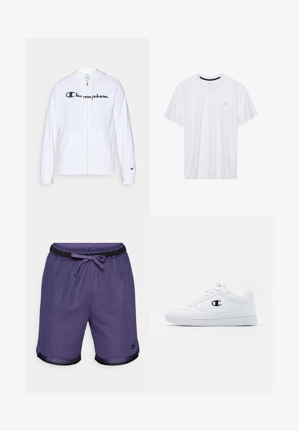 Weißer Reißverschluss-Hoodie aus weichem Stoff, mit einem schwarzen "Champion"-Logo auf der Brust, Kängurutaschen und gerippten Bündchen.; Weißes Crewneck-T-Shirt aus Baumwolle, mit kurzen Ärmeln und einem kleinen, auf der linken Brustseite gestickten Logo. Weiche Textur.; Lila Netz-Sportshorts mit einem schwarzen elastischen Bund und Zugband. Verfügt über einen kontrastierenden schwarzen Saum und Logodetails.; Weißes sportliches Sneakerpaar mit glattem, synthetischen Obermaterial, schwarzem Logo-Akzent und perforierten Details an der Seite. Gummisohle.