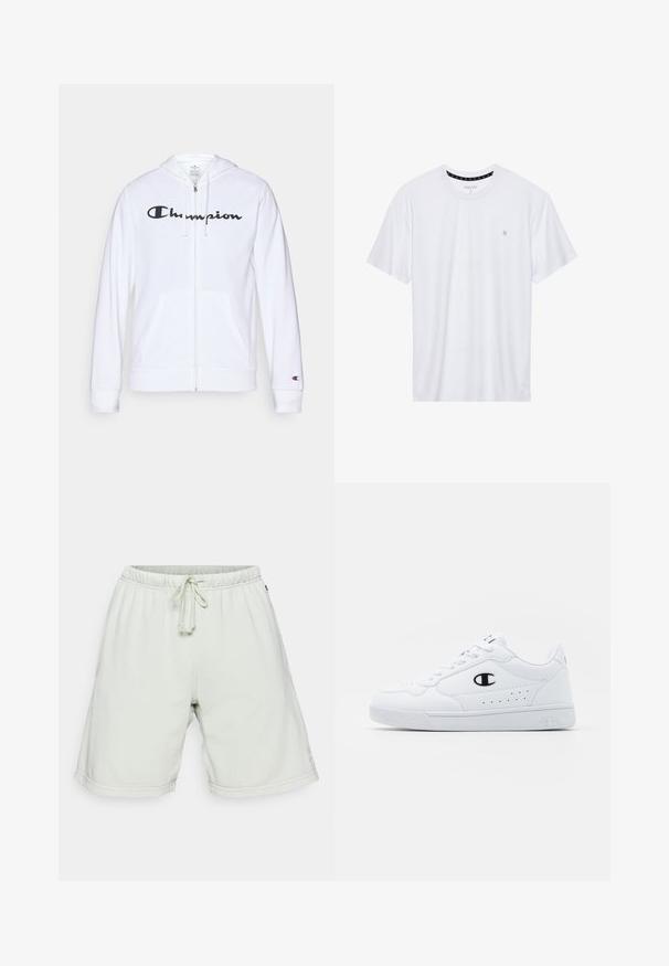Valge tõmbluku eest avanev kapuutsiga pusa, mis on valmistatud pehmest kangast. Ees on must "Champion" logo, taskud on nagu känguru taskud ja varrukaotsad on soonilised.; Valge ümar kaelusega T-särk, mis on valmistatud puuvillast, lühikeste varrukatega ja vasakus rinnas on väike tikand. Pehme tekstuur.; Heledad rohelised puuvillased lühikesed püksid, millel on elastne vöökoht ja nööri sulgemine. Omab küljetaskuid ja tikitud logo allservas.; Valged spordijalatsid, millel on sile sünteetiline pealmine osa, must logo aktsent ja perforatsioonid külgedel. Kummikreen.