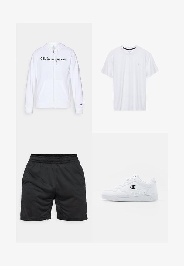 Hvit zip-up hettegenser laget av myk stoff, med en svart "Champion" logo på brystet, kengurulommer og ribbede mansjetter.; Hvit crewneck t-skjorte laget av bomull, med korte ermer og en liten logo brodert på venstre brystområde. Myk tekstur.; Sorte treningsshorts laget av teksturert stoff, med elastisk midjebånd og ingen synlige lommer eller utsmykkinger.; Hvite atletiske joggesko med en glatt syntetisk overdel, svart logo-akcent og perforerte detaljer på siden. Gummisåle.