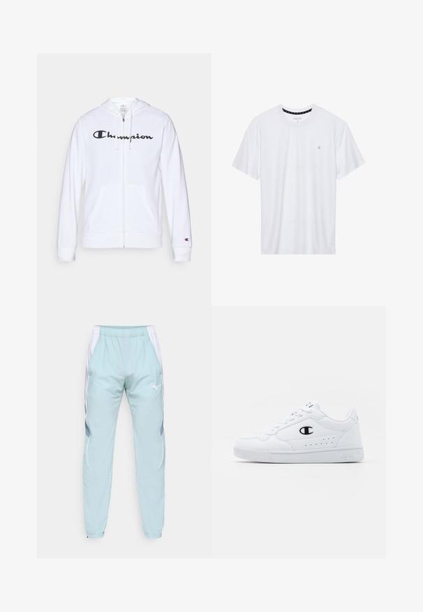 Hvid zip-hoodie lavet af blødt stof, med et sort "Champion" logo på brystet, kængurulommer og ribbede manchetter.; Hvid crewneck t-shirt lavet af bomuld, med korte ærmer og et lille logo broderet på venstre brystområde. Blød tekstur.; Lyseblå joggingbukser med hvide sidelapper, elastisk talje og lynlåslukning ved anklerne. Fremstillet af åndbart stof, med logo på forsiden.; Hvide atletiske sneakers med en glat syntetisk overdel, sort logoaccent og perforerede detaljer på siden. Gummisål.
