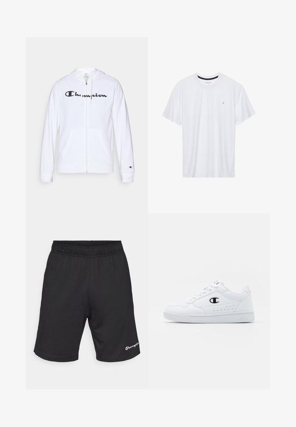 Balts zip-up džemperis, izgatavots no mīkstas auduma, ar melnu "Champion" logotipu uz krūtīm, kengura kabatām un ribotām piedurknēm.; Balts krekliņš ar apaļu kakla izgriezumu, izgatavots no kokvilnas, ar īsām piedurknēm un mazu logo izšuvumu kreisajā krūtīs. Mīksta tekstūra.; Melni sporta šorti ar elastīgu jostu. Gluda tekstūra un balts un sarkans logo apakšējā kreisajā pusē. Īsa garuma dizains.; Baltas sporta apavi ar gludu sintētisku augšdaļu, melnu logotipa akcentu un perforētu apdari sānos. Gumijas zole.