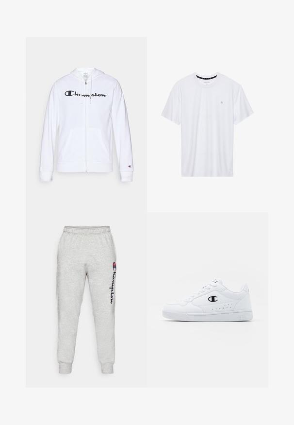 Biela zipsová mikina vyrobená z mäkkej tkaniny, s čiernym logom "Champion" na hrudi, klokankovými vreckami a rebrovanými manžetami.; Biele tričko s okrúhlym výstrihom vyrobené z bavlny, s krátkymi rukávmi a malým logom vyšitým na ľavej strane hrude. Mäkká textúra.; Svetlošedé bavlnené tepláky s rebrovanými manžetami, s vertikálnym námorníckym modrým logom "Champion" a jemnou textúrou. Elastický pás pre pohodlie.; Biele športové tenisky s hladkým syntetickým zvrškom, čiernym logom a perforovanými detailmi na boku. Gumová podošva.