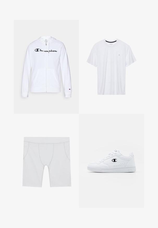 Hvit zip-up hettegenser laget av myk stoff, med en svart "Champion" logo på brystet, kengurulommer og ribbede mansjetter.; Hvit crewneck t-skjorte laget av bomull, med korte ermer og en liten logo brodert på venstre brystområde. Myk tekstur.; Hvite treningsshorts med en glatt tekstur, med sydd sømmer og to sidelommer. Midt på låret lengde med en tettsittende design.; Hvite atletiske joggesko med en glatt syntetisk overdel, svart logo-akcent og perforerte detaljer på siden. Gummisåle.