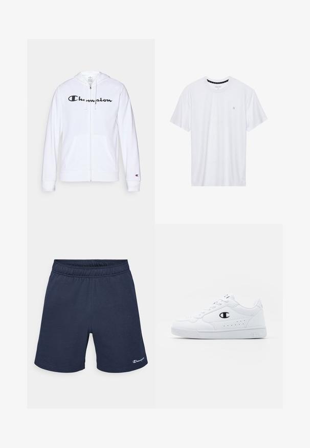 Sweatshirt branca com fecho, feita de tecido macio, apresentando um logótipo preto da "Champion" no peito, bolsos canguru e punhos canelados.; Camiseta branca de gola redonda feita de algodão, com mangas curtas e um pequeno logótipo bordado na área do peito esquerdo. Textura suave.; Bermudas de desporto azul-marinho feitas de tecido suave, com uma cintura elástica e um pequeno logótipo branco no lado inferior esquerdo.; Sapatilhas brancas de desporto com um cabedal sintético liso, detalhes em preto no logótipo e perfurações na lateral. Sola em borracha.