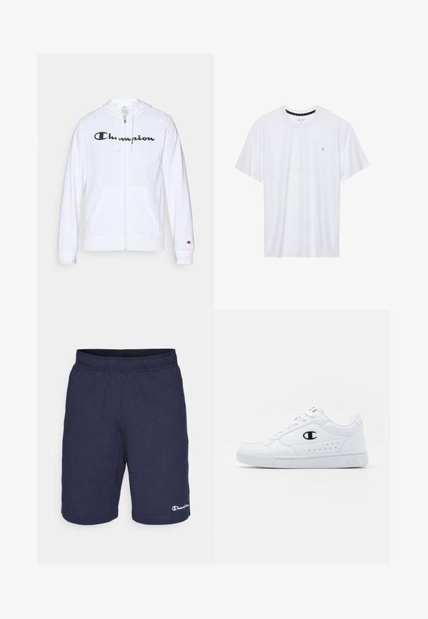 Valge tõmbluku eest avanev kapuutsiga pusa, mis on valmistatud pehmest kangast. Ees on must "Champion" logo, taskud on nagu känguru taskud ja varrukaotsad on soonilised.; Valge ümar kaelusega T-särk, mis on valmistatud puuvillast, lühikeste varrukatega ja vasakus rinnas on väike tikand. Pehme tekstuur.; Tumed spordilühikesed, mis on valmistatud pehmest kangast, elastse vöökoha ja väikese Championi logoga paremal allnurgas.; Valged spordijalatsid, millel on sile sünteetiline pealmine osa, must logo aktsent ja perforatsioonid külgedel. Kummikreen.