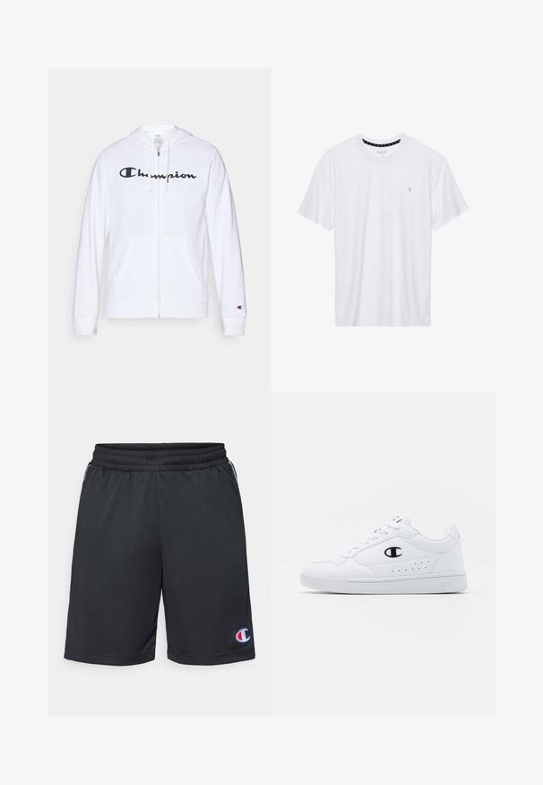 Bela zip-up kapuca iz mehkega materiala, s črnim logotipom "Champion" na prsih, kengurujskimi žepi in rebrastimi manšetami.; Belo majica s kratkimi rokavi iz bombaža, z okroglim izrezom, ki na levem delu prsnega koša nosi majhen izvezen logotip. Mehka tekstura.; Črne atletske kratke hlače z elastičnim pasom, gladka tekstura, dizajn do kolen, z majhnim obarvanim logotipom na spodnjem levem delu noge.; Bela atletska športna obutev z gladkim sintetičnim zgornjim delom, črnimi logotipnimi detajli in perforacijami na strani. Guma podplat.