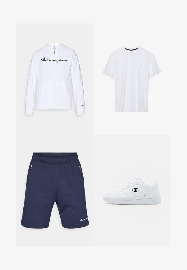 Balts zip-up džemperis, izgatavots no mīkstas auduma, ar melnu "Champion" logotipu uz krūtīm, kengura kabatām un ribotām piedurknēm.; Balts krekliņš ar apaļu kakla izgriezumu, izgatavots no kokvilnas, ar īsām piedurknēm un mazu logo izšuvumu kreisajā krūtīs. Mīksta tekstūra.; Kņazzilējumi zils šorti ar elastīgu jostu, divām sānu kabatām ar rāvējslēdzēju un mazu izšūtu logotipu apakšmalā. Mīksts, elastīgs audums.; Baltas sporta apavi ar gludu sintētisku augšdaļu, melnu logotipa akcentu un perforētu apdari sānos. Gumijas zole.