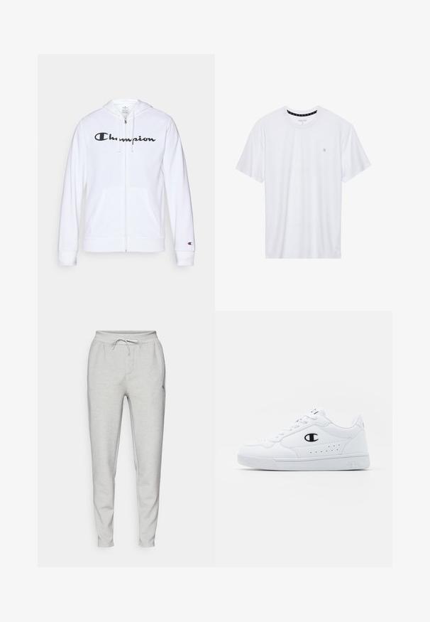Fehér zipzáros kapucnis felső, puha anyagból készült, fekete "Champion" logóval a mellkasán, kenguruzsebekkel és bordás mandzsettákkal.; Fehér, pamutból készült folt nélküli póló, rövid ujjakkal és a bal melle részén elhelyezett, hímzett kis logóval. Puha tapintású.; Világosszürke jogger nadrág, puha anyagból készült, rugalmas derékkal és húzózsinórral, oldalsó zsebekkel és szűkített lábbal.; Fehér sportcipők sima, szintetikus felsőrésszel, fekete logóval és perforált részletekkel az oldalon. Gumi talp.