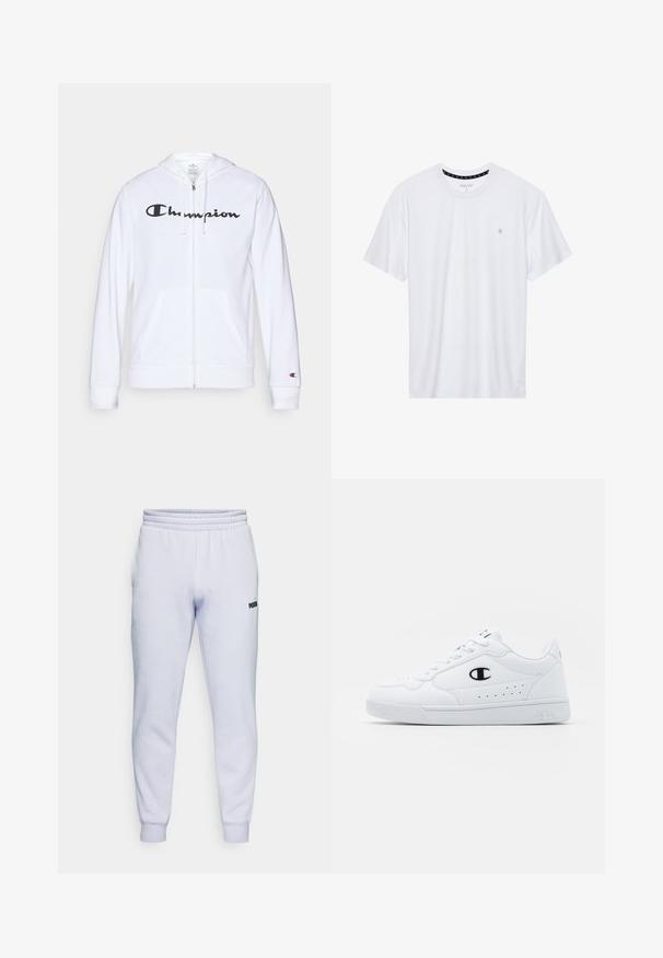 White zip-up hoodie made of soft fabric, featuring a black "Champion" logo on the chest, kangaroo pockets, and ribbed cuffs.; White crewneck t-shirt made of cotton, featuring short sleeves and a small logo embroidered on the left chest area. Soft texture.; Light purple sweatpants made of soft fabric, featuring an elastic waistband and cuffs, with a small black logo on the left side.; White athletic sneakers with a smooth synthetic upper, black logo accent, and perforated detailing on the side. Rubber sole.