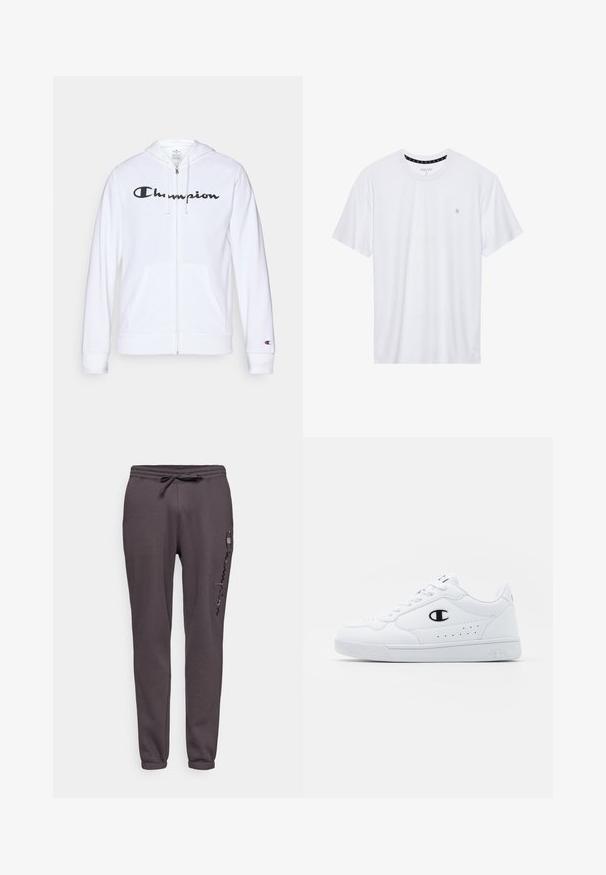 White zip-up hoodie made of soft fabric, featuring a black "Champion" logo on the chest, kangaroo pockets, and ribbed cuffs.; White crewneck t-shirt made of cotton, featuring short sleeves and a small logo embroidered on the left chest area. Soft texture.; Champion ICONS TONAL CUFF LARGE LOGO - Tracksuit bottoms - anthracite; White athletic sneakers with a smooth synthetic upper, black logo accent, and perforated detailing on the side. Rubber sole.