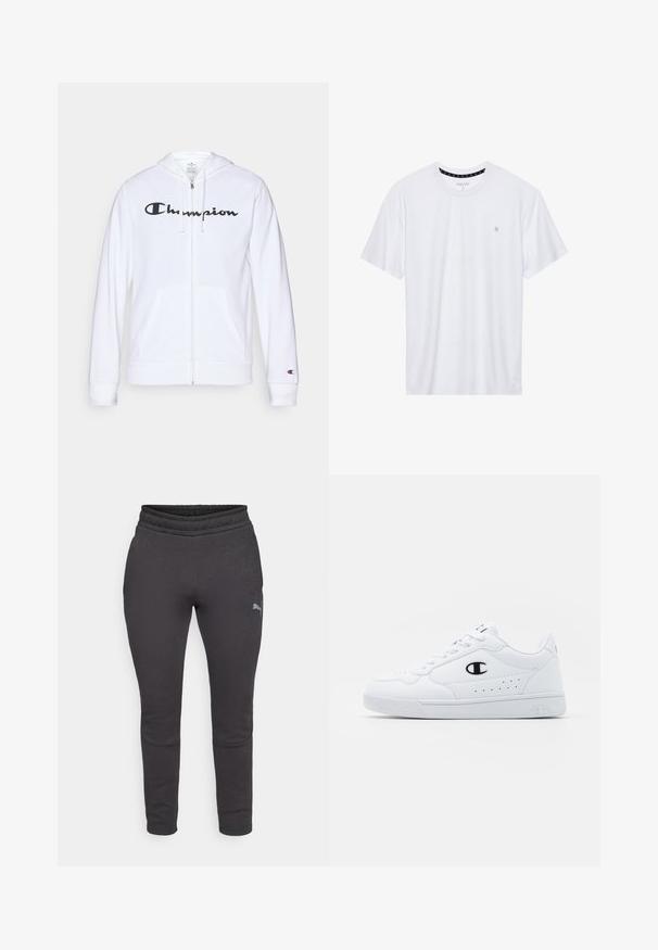 White zip-up hoodie made of soft fabric, featuring a black "Champion" logo on the chest, kangaroo pockets, and ribbed cuffs.; White crewneck t-shirt made of cotton, featuring short sleeves and a small logo embroidered on the left chest area. Soft texture.; Dark gray sweatpants with a soft texture, tapered fit, elastic waistband, and a small logo on the left thigh. No pockets visible.; White athletic sneakers with a smooth synthetic upper, black logo accent, and perforated detailing on the side. Rubber sole.