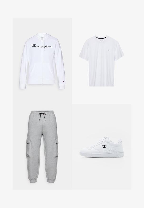 Sweatshirt branca com fecho, feita de tecido macio, apresentando um logótipo preto da "Champion" no peito, bolsos canguru e punhos canelados.; Camiseta branca de gola redonda feita de algodão, com mangas curtas e um pequeno logótipo bordado na área do peito esquerdo. Textura suave.; Os sweatpants cinzentos apresentam um cós elástico com um cordão preto, dois bolsos laterais tipo cargo e punhos canelados nos tornozelos.; Sapatilhas brancas de desporto com um cabedal sintético liso, detalhes em preto no logótipo e perfurações na lateral. Sola em borracha.