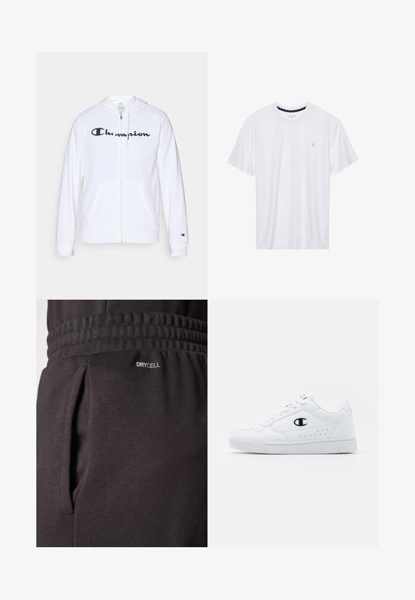 Sudadera blanca con cremallera hecha de tela suave, que presenta un logo negro de "Champion" en el pecho, bolsillos tipo canguro y puños acanalados.; Camiseta de algodón de cuello redondo en color blanco, con mangas cortas y un pequeño logo bordado en el área del pecho izquierdo. Textura suave.; Pantalones deportivos negros hechos de una tela texturizada presentan una cinturilla elástica, bolsillos laterales y una etiqueta "DRYCELL" cerca del bolsillo.; Zapatillas deportivas blancas con un upper sintético suave, acento del logo en negro y detalles perforados en los laterales. Suela de goma.