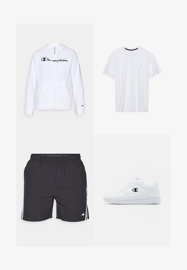 Balta užtrauktuku užsegama džemperis, pagamintas iš minkštos medžiagos, su juodu "Champion" logotipu krūtinėje, kengūrų tipo kišenėmis ir ribotu rankogaliais.; Balta apvalios kaklo marškinėliai, pagaminti iš medvilnės, su trumpomis rankovėmis ir mažuoju logotipu, išsiuvinėtu kairėje krūtinės pusėje. Minkštas audinys.; Juodi sportiniai šortai su elastingu diržu, su baltais šonų dryžiais ir mažu logotipu dešiniajame apatinio šlaunies kampe. Lengvas audinys.; Baltos sportinės kedai su lygiu sintetinės medžiagos viršumi, juodu logotipo akcentu ir perforuotomis detalėmis šonuose. Gumos padas.