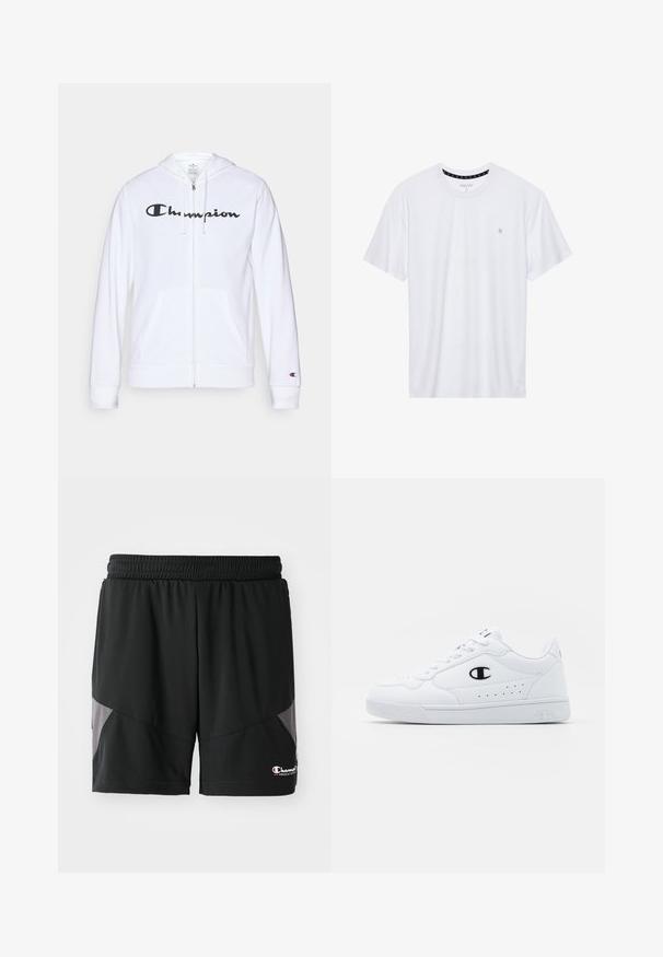 Balta užtrauktuku užsegama džemperis, pagamintas iš minkštos medžiagos, su juodu "Champion" logotipu krūtinėje, kengūrų tipo kišenėmis ir ribotu rankogaliais.; Balta apvalios kaklo marškinėliai, pagaminti iš medvilnės, su trumpomis rankovėmis ir mažuoju logotipu, išsiuvinėtu kairėje krūtinės pusėje. Minkštas audinys.; Juodi sportiniai šortai, pagaminti iš lengvos medžiagos, su elastinga liemens juosta, turi pilkas šonines juostas ir nedidelį logotipą apačioje.; Baltos sportinės kedai su lygiu sintetinės medžiagos viršumi, juodu logotipo akcentu ir perforuotomis detalėmis šonuose. Gumos padas.