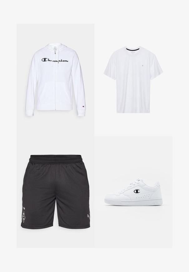 Weißer Reißverschluss-Hoodie aus weichem Stoff, mit einem schwarzen "Champion"-Logo auf der Brust, Kängurutaschen und gerippten Bündchen.; Weißes Crewneck-T-Shirt aus Baumwolle, mit kurzen Ärmeln und einem kleinen, auf der linken Brustseite gestickten Logo. Weiche Textur.; Schwarze Sportshorts mit einem elastischen Bund, Mesh-Einsätzen und einem Logo am linken Bein. Hergestellt aus leichtem, atmungsaktivem Material.; Weißes sportliches Sneakerpaar mit glattem, synthetischen Obermaterial, schwarzem Logo-Akzent und perforierten Details an der Seite. Gummisohle.