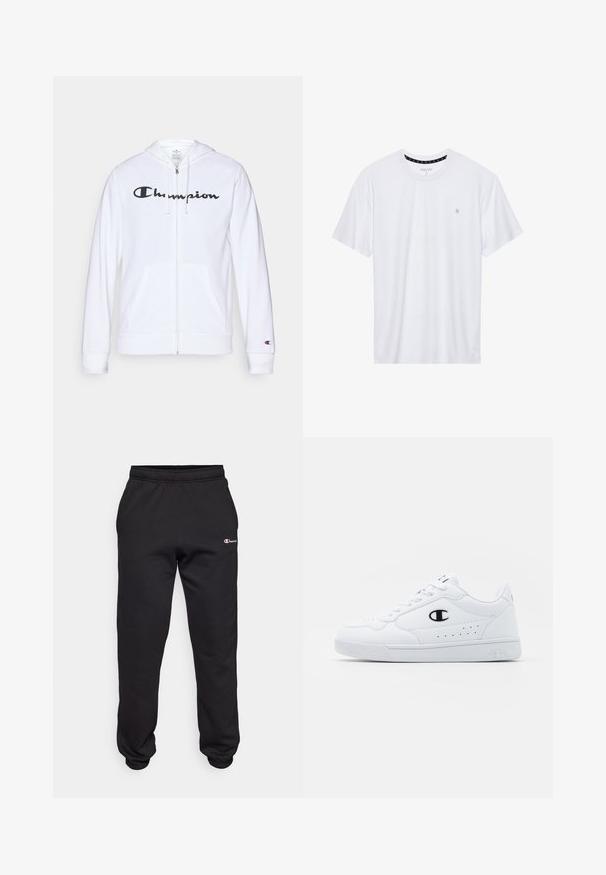 White zip-up hoodie made of soft fabric, featuring a black "Champion" logo on the chest, kangaroo pockets, and ribbed cuffs.; White crewneck t-shirt made of cotton, featuring short sleeves and a small logo embroidered on the left chest area. Soft texture.; Black sweatpants made of soft fabric, featuring an elastic waistband and cuffs. Includes small embroidered logo on left thigh.; White athletic sneakers with a smooth synthetic upper, black logo accent, and perforated detailing on the side. Rubber sole.