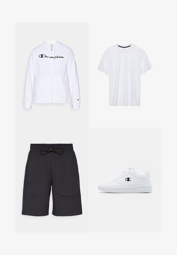 Fehér zipzáros kapucnis felső, puha anyagból készült, fekete "Champion" logóval a mellkasán, kenguruzsebekkel és bordás mandzsettákkal.; Fehér, pamutból készült folt nélküli póló, rövid ujjakkal és a bal melle részén elhelyezett, hímzett kis logóval. Puha tapintású.; Fekete sportnadrág elasztikus derékkal, húzózsinórral és két elülső zsebbel, textúrázott felülettel és egyenes szabással.; Fehér sportcipők sima, szintetikus felsőrésszel, fekete logóval és perforált részletekkel az oldalon. Gumi talp.