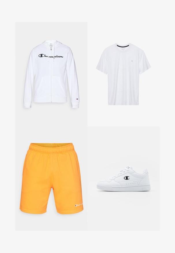 Sudadera blanca con cremallera hecha de tela suave, que presenta un logo negro de "Champion" en el pecho, bolsillos tipo canguro y puños acanalados.; Camiseta de algodón de cuello redondo en color blanco, con mangas cortas y un pequeño logo bordado en el área del pecho izquierdo. Textura suave.; Pantalones cortos deportivos naranjas hechos de una mezcla de algodón, con una cinturilla elástica y un dobladillo cosido, y un pequeño logo en la pierna izquierda.; Zapatillas deportivas blancas con un upper sintético suave, acento del logo en negro y detalles perforados en los laterales. Suela de goma.