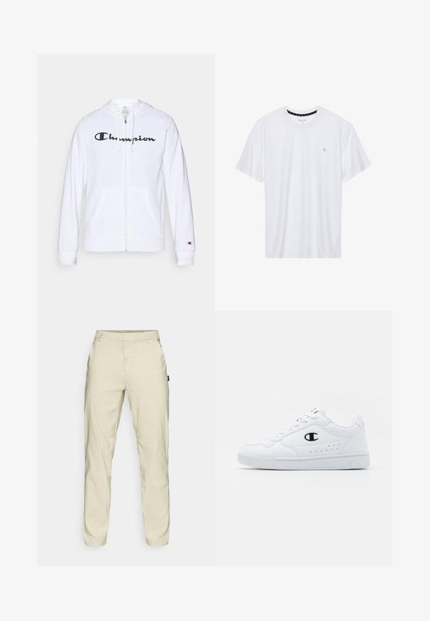 Hvit zip-up hettegenser laget av myk stoff, med en svart "Champion" logo på brystet, kengurulommer og ribbede mansjetter.; Hvit crewneck t-skjorte laget av bomull, med korte ermer og en liten logo brodert på venstre brystområde. Myk tekstur.; Oakley TERRAIN PANT - Bukse - silver sage/white; Hvite atletiske joggesko med en glatt syntetisk overdel, svart logo-akcent og perforerte detaljer på siden. Gummisåle.