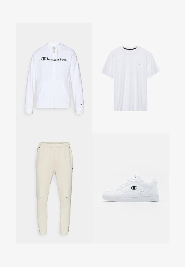 Fehér zipzáros kapucnis felső, puha anyagból készült, fekete "Champion" logóval a mellkasán, kenguruzsebekkel és bordás mandzsettákkal.; Fehér, pamutból készült folt nélküli póló, rövid ujjakkal és a bal melle részén elhelyezett, hímzett kis logóval. Puha tapintású.; Világos bézs szabadidőnadrág, rugalmas derékkal, oldalsó zsebekkel és finom cipzárakkal a bokán. Puha, texturált anyagból készült.; Fehér sportcipők sima, szintetikus felsőrésszel, fekete logóval és perforált részletekkel az oldalon. Gumi talp.