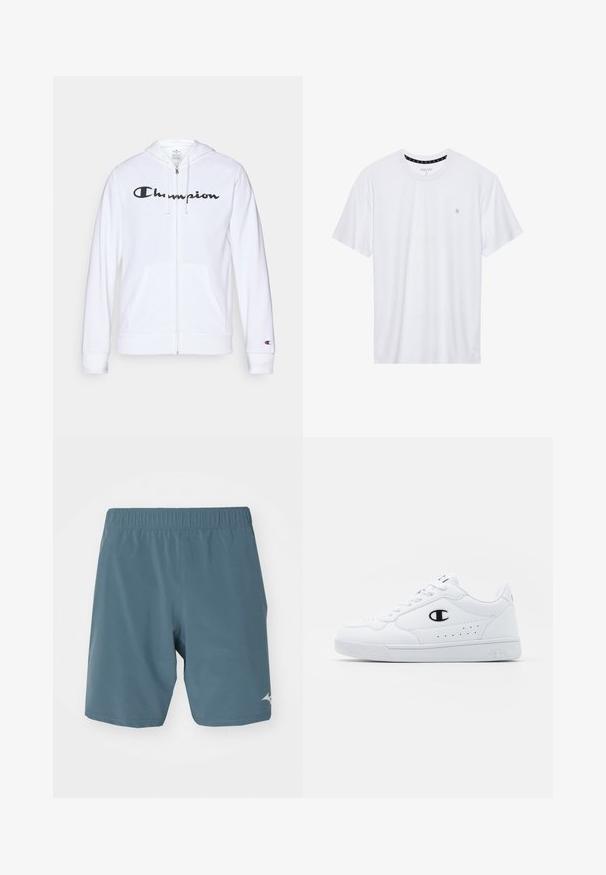 Biela zipsová mikina vyrobená z mäkkej tkaniny, s čiernym logom "Champion" na hrudi, klokankovými vreckami a rebrovanými manžetami.; Biele tričko s okrúhlym výstrihom vyrobené z bavlny, s krátkymi rukávmi a malým logom vyšitým na ľavej strane hrude. Mäkká textúra.; Mizuno FLEX SHORT - Športové šortky - blue mirage; Biele športové tenisky s hladkým syntetickým zvrškom, čiernym logom a perforovanými detailmi na boku. Gumová podošva.