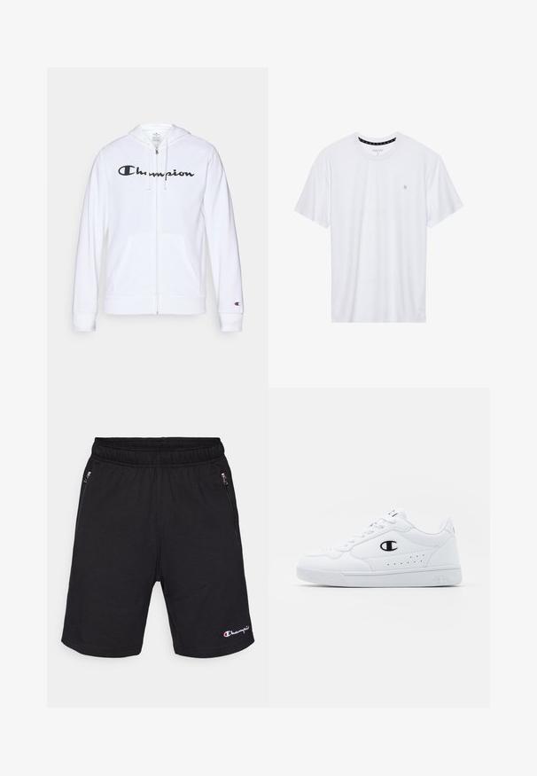 Sudadera blanca con cremallera hecha de tela suave, que presenta un logo negro de "Champion" en el pecho, bolsillos tipo canguro y puños acanalados.; Camiseta de algodón de cuello redondo en color blanco, con mangas cortas y un pequeño logo bordado en el área del pecho izquierdo. Textura suave.; Shorts atléticos negros con cinturilla elástica, que cuentan con dos bolsillos laterales con cremallera y un pequeño logotipo bordado en el dobladillo.; Zapatillas deportivas blancas con un upper sintético suave, acento del logo en negro y detalles perforados en los laterales. Suela de goma.