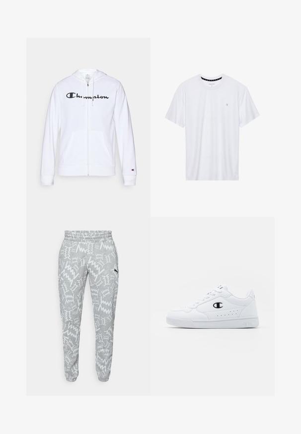 White zip-up hoodie made of soft fabric, featuring a black "Champion" logo on the chest, kangaroo pockets, and ribbed cuffs.; White crewneck t-shirt made of cotton, featuring short sleeves and a small logo embroidered on the left chest area. Soft texture.; Grey sweatpants with white zigzag patterns, elastic waistband, cuffed ankles, and small black Puma logo on the right thigh.; White athletic sneakers with a smooth synthetic upper, black logo accent, and perforated detailing on the side. Rubber sole.